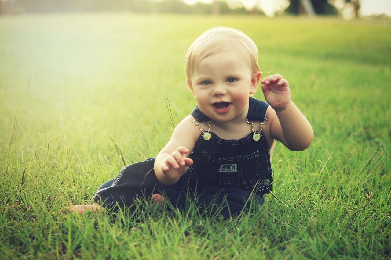 a baby playing in the lawn